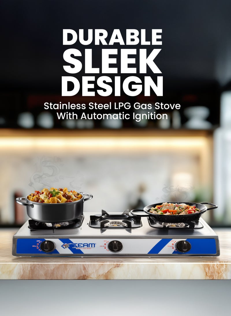 TEAM Stainless Steel LPG Gas Stove with Automatic Ignition – High Efficiency Blue Flame Burner | Low Gas Consumption | Detachable Trivet for Easy Cleaning | Durable Steel Panel Portable Gas Cooker for Home & Outdoor Use - Image 2